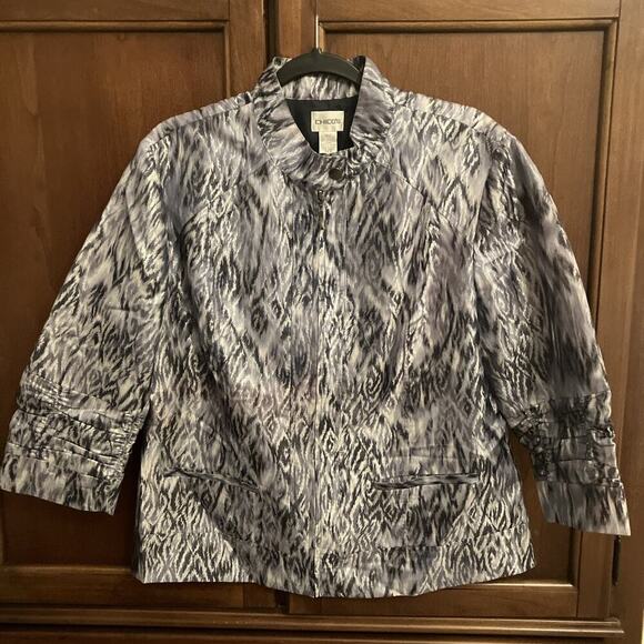 Chicos Women’s Jacket Size 2 Large Metallic Purple Blue Animal Print Shimmer Zip - Picture 1 of 10